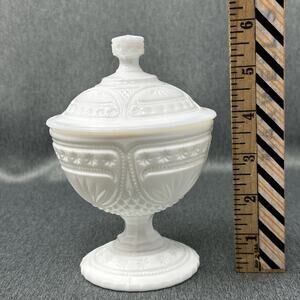 Vintage Milk Glass Candy Dish Covered Pedestal Pressed Glass Starburst SEE VIDEO